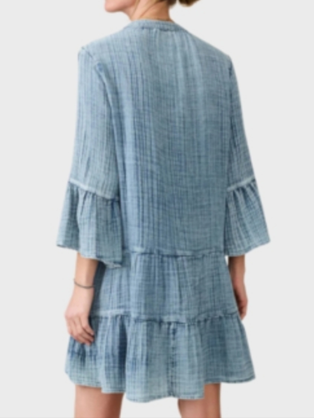 Faherty Kasey Cotton Light Blue Crinkled Tiered Button Front Tunic Dress M - Picture 2 of 8